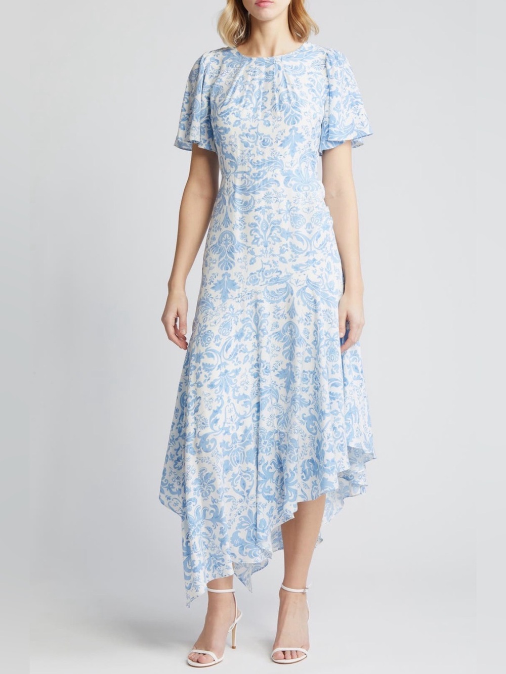 Zoe and Claire Blue White Damask Flutter Sleeve Asymmetrical Midi Dress Size L